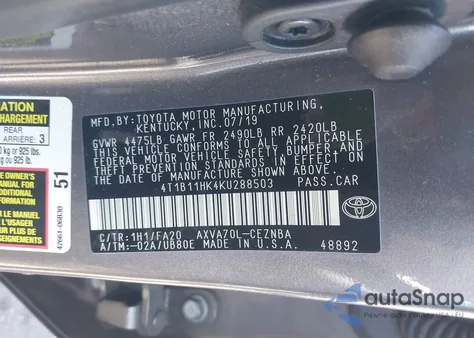 2019 Toyota Camry Le z USA, uszkodzony, nr VIN 4T1B11HK4KU288503